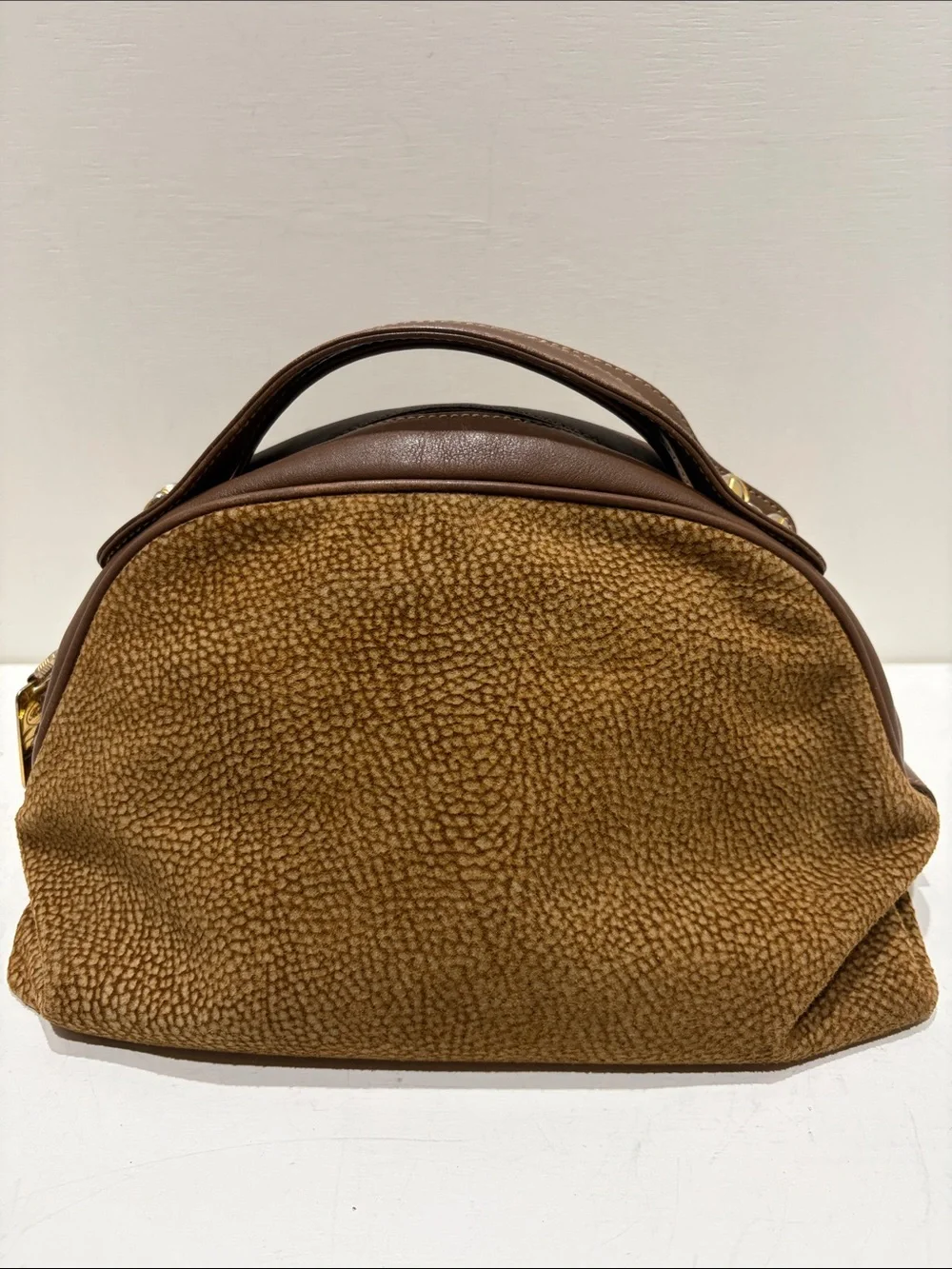 BORBONESE REDWALL Textured Brown Suede/ Leather Dome Satchel